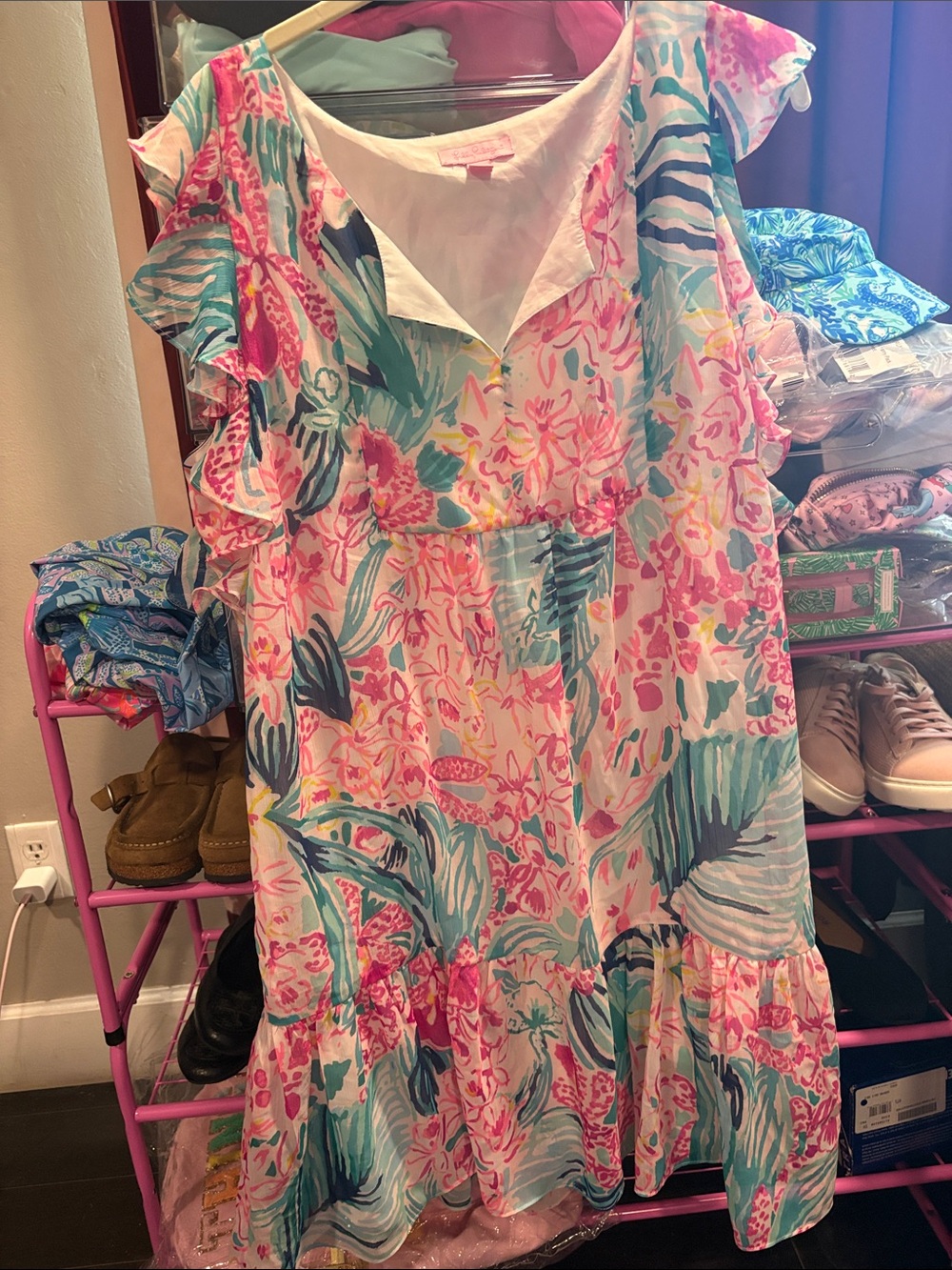 Lilly Pulitzer Floral Ruffle Flutter Sleeve Dress Pink Aqua XL EUC